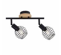 Plafonnier spot 2 flammes spots noirs plafonnier noir orientable, accent bois, écrans cage, 2x douilles E14, L 50 cm