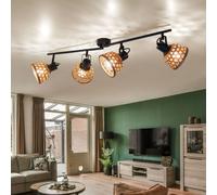 Plafonnier spot plafond salle à manger plafonniers maille bambou en bois avec spots orientables, métal noir, 4x douille E27, LxlxP 80x13x19 cm