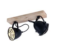 Plafonnier spot lampe de salon plafonnier lampe de salle à manger, métal noir grille bois naturel, 2 ampoules E14 spots mobiles, L 36 cm