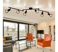 Plafonnier spot plafond rétro 6 flammes barre spot métal noir, spots orientables, grillage métal noir, 6x douilles E14, LxH 120 x 22 cm