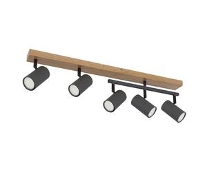 Plafonnier spots aspect bois salon GU10 5 flammes plafonnier orientable pivotant, métal noir graphite, 5x GU10, LxPxH 70x35x17 cm