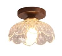 Plafonnier Style Rétro Vintage, Finition Noyer, Bois Et Fer, Abat-Jour En Verre Transparent En Forme de Fleur de Lotus, Montage Encastré Ou Semi-Encastré, Idéal Pour Couloir, Entrée Ou Balcon.