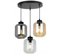 Plafonnier suspendu Novalja Light-Home - Lustre de plafond pour chambre salon et cuisine style industriel loft moderne 3x E27 - Abat-jour en verre mix incolore miel gris - base noire