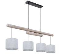 Plafonnier suspendu réglable en hauteur pour salle à manger, poutres en bois rustique, abat-jour en tissu gris, métal noir, LxlxH 113x18x120 cm