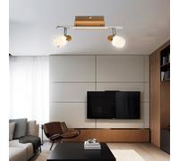 Spot de plafond 2 flammes bois plafonnier orientable applique murale spot LED, composé d'interrupteur chromé, 2x LED 5W 380Lm blanc chaud, L 35 cm
