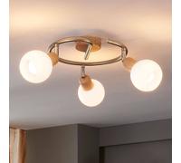 Plafonnier Svenka, à 3 lampes, rond Svenka Lindby, dimmable, bois clair, Salon / Salle à manger, Verre, Moderne, Spot