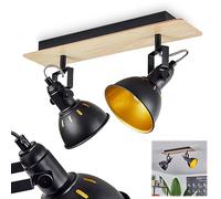 Plafonnier Tina, lampe de plafond moderne en métal/bois en noir/chrome/or/marron clair, luminaire au design rétro/vintage avec abat-jour réglable et effet lumineux, 2 flammes, E14, sans ampoules