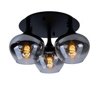 Plafonnier verre fumé lampe de salon plafonnier rond boule de verre chambre, métal noir, 3x E27, DxH 45x25,5 cm