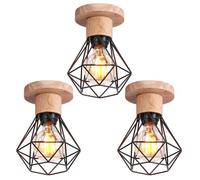 Plafonnier Vintage Industriel Cage Diamant Noir - WOTTES - 3 Ampoules E27 - Fer et Bois