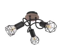 Plafonnier vintage spot cocarde plafonnier spot plafonnier salon 3 flammes métal noir, spots orientables, maille métal bois, 3x douilles E14, DxH 38x21 cm