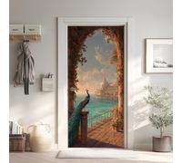 Plage Paradisiaque Romantique Sticker Mural, Paon Autocollants De Porte Muraux Décoration Poster Mural 80x200 cm, Architecture Classique Stickers de Porte Imperméable Vinyle