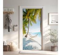Plage Stickers de Porte Papier Peint PVC Imperméable, Palmier Sticker Porte 3D Trompe L'Oeil 63x205 cm, Côter Été Stickers de Porte Autocollant Amovible