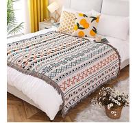 Plaid Coton Tissé Double Face 160x130cm, Couverture Bohème avec Franges Style Fair Isle pour Canapé Lit Décoration COUVERTURE