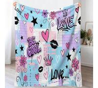 Plaid Couverture De Cartoon Graffiti, Couverture en Flanelle Cœur Empreinte De Lèvres Couronne Étoile Lettre pour Enfants Adultes, Coloré Doux Et Duveteux Jeté De Polaire pour Lit Canapé, 100 x 130 cm