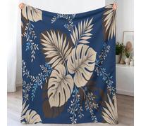 Plaid Couverture De Cartoon Nature, Couverture en Flanelle Plante Feuille De Monstera Imprimée pour Enfants Adultes, Bleu Foncé Doux Et Duveteux Jeté De Polaire pour Lit Canapé, 130 x 150 cm