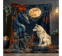 Plaid Couverture Polaire en Flanelle Dragon et Loup au Clair de Lune, Mythique, pour Femmes Hommes - 150X200 Cm Confortable Lavable, Plaid Exotique, pour la Maison, Lit, Canapé Ou Fauteuil-FR27