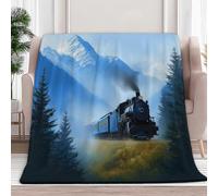 Plaid Couverture Polaire en Microfibre 220 x 240 cm, Train Montagne sur Le Thème L'Aventure 3D Impression Douce Moelleuse Flanelle Peluche Couverture De Lit Convient Adultes et Enfants Camping, Bleu