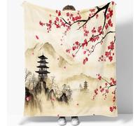 Plaid Couverture Polaire Style Japonais Montagnes Pagode Fleurs De Cerisier 3D Douce Moelleuse Flanelle Lit Jeté Canapé Convient Adultes et Enfants Rester Chaud Couvertures Légère 220 x 240 cm