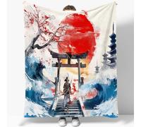 Plaid Couverture Polaire Style Japonais Soleil Rouge Porte Torii Samouraï 3D Douce Moelleuse Flanelle Lit Jeté Canapé Convient Adultes et Enfants Rester Chaud Couvertures Légère 220 x 240 cm