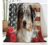 Plaid Couverture Polaire, Vintage Américain Impression Douce Flanelle Couverture de Lit Plaid, Animal Chien Fleur Drapeau Américain Jeté de Canapé Convient Adultes et Enfants Rester, 130x150 cm