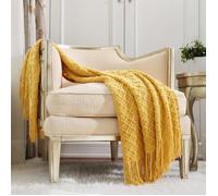 Plaid décoratif tricoté jaune moutarde - Léger lavable en machine avec franges - 127 x 152 cm pour canapé-lit