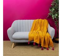 Plaid - HOME DECO FACTORY - Surpiqué - Pompons - Jaune - 130 x 150 cm