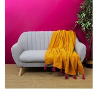 Plaid - HOME DECO FACTORY - Surpiqué - Pompons - Jaune - 130 x 150 cm