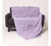 Plaid lilas en coton Kashi à franges - HOMESCAPES - Salon - Rectangulaire - Lavable - Contemporain