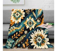 Plaid microfibre floral bleu canard et ocre | 40x50inchMicrofibre douce toucher polaire confort moelleux texture souple instants cocooning ; Chaleur légère détente
