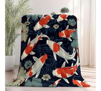 Plaid Polaire 130×150 cm, Noir Plaide Douce en Microfibre Flanelle Couverture 3D Impression Style Japonais Fleurs Carpes koï Peinture l'encre Couverture Plaide Adulte Enfant pour Canape et Lit