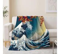 Plaid Polaire chaud et moelleuse 180 x 200 cm, Motif Japonais Classique | Couverture en Flanelle douce, imprimé Vagues Mer Feuilles Érable Bateau Pêche Montagnes, Plaid Polaire Bleu pour Tous