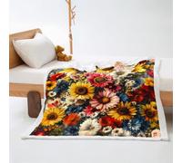 Plaid Retro Jaune Bleu Plaid Lit Polaire Flanelle et Laine Agneau Jeté de Canapé Conception Recto Verso Blanket Epais Plaide Soins Faciles Lavable Couverture Été 100x150cm