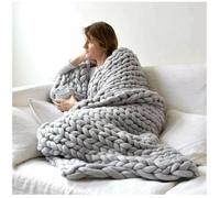 Plaid tricoté main en grosse maille, grande couverture en laine tricotée, jeté de lit pour canapé, matelas de couchage, gris, 60 x