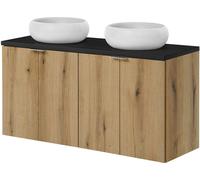 Plan de toilette 'Skelbolu' avec 2 vasques rondes en céramique et 4 portes 120 x 72 x 40 cm imitation chêne / noir