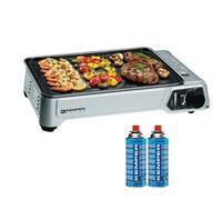 KEMPER - Plancha gaz portable 2300W plaque anti adhésive + 2 cartouches de gaz camping + Valise de transport