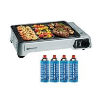 KEMPER - Plancha gaz portable 2300W plaque anti adhésive + 4 cartouches gaz camping + Valise de transport