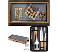 Plancha ARMATURE BOIS 2200W lisse avec Revêtement antiadhésif et bac récupérateur de jus-cuisson 50 x 24,5 + USTENSILES