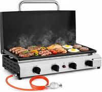 Plancha de table - Barbecue à gaz - 4 brûleurs - Plaque de cuisson plate - Gaz naturel - Allumage piézoélectrique - Avec couvercle - Portable - Blanc