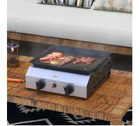 Plancha gaz en acier inox émaillé 2 brûleurs 4,8 kW antiadhésive grande surface de cuisson 40L x 34l cm, transportable