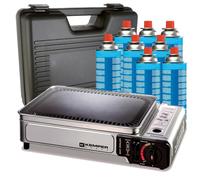 Plancha gaz portable 2300W Kemper plaque anti adhésive +8 cartouches gaz camping