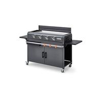 BRASERO - Plancha Lola à gaz sur chariot équipé Gun Metal - 4 brûleurs à gaz - jusqu'à 14 convives - Surface de cuisson 88 x 35,5 cm - 9,6 kW - Récupérateur de graisse