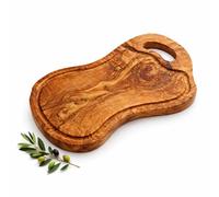 Planche à Découper Artisanale avec Rigole et Poignée en Bois d'Olivier Naturel pour Cuisine Professionnelle - Fait à la Main - 40cm