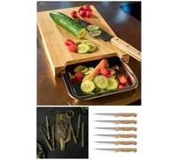 Planche À Découper En Bois D'acacia - Bac Récupérateur Inox - 6 Couteaux À Steak + Bloc Bois.