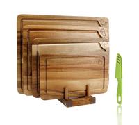 Planche à Découper, Lot de 4 Planches à Découper en Bois d’Acacia avec Support de Rangement et Symboles Alimentaires, Idéal pour Viande, Légumes, Fruits et Fromage