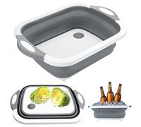 Planche à Découper Pliable 3 en 1, Panier de Drainage Multifonction avec Bouchon de Drainage Panier de Rangement Portable pour Cuisine et Camping (Gris)
