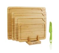 Planche à découper, Set de 4 planches à découper en bambou avec support de rangement et symboles alimentaires, Idéal pour viande, légumes, fruits et fromage