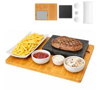 Planche à steak en pierre de lave, plat de service, planche en bambou avec gril en pierre chaude, plaque à steak, plaque en pierre, set de gril de table
