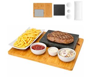 Planche à steak en pierre de lave, plat de service, planche en bambou avec gril en pierre chaude, plaque à steak, plaque en pierre, set de gril de table