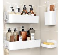 Planche de douche sans perçage, en ABS, de couleur blanche, lot de 4 pièces avec porte-savon et porte-brosse à dents