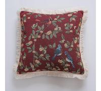 Plancholo Housse de coussin décorative jacquard bohème avec pompons, motif floral et oiseau, pour canapé, lit, salon, chambre à coucher (rouge, carré, 45,7 x 45,7 cm)